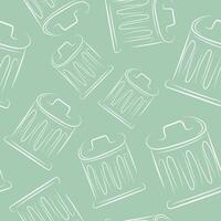 seamless pattern with large round garbage cans in the style of line art on a green background arranged chaotically, to fight against environmental pollution day vector