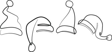 large set of New Year's hats of Santa Claus drawn with different contours in the style of line art vector