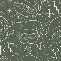 simple christmas seamless pattern with cats with big eyes and in santa claus hat with christmas elements on green background vector