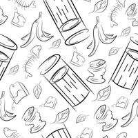 seamless pattern with a small round street trash can and various trash in line art style, to fight against environmental pollution day vector