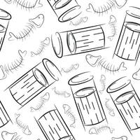seamless pattern with small round street trash can and fish spine in line art style, to fight against environmental pollution day vector