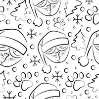 seamless pattern with simple icon of sad cat in santa hat in line art style vector