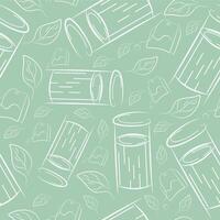 seamless pattern with small round street dustbin and bag and tea leaves in line art style on green background, to fight against environmental pollution day vector