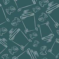 seamless pattern of small rectangular street dustbin and tin cans icons on blue background drawn in line art style, to fight against environmental pollution day vector