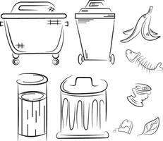 large set of different street garbage cans and various garbage in the style of line art, to fight against environmental pollution day vector