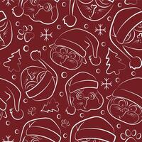 seamless christmas pattern with different cats in santa claus hats drawn in line art style on red background vector