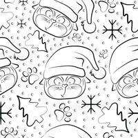 simple christmas seamless pattern with cats with big eyes and in santa claus hat with christmas elements vector