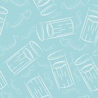 seamless pattern with small round street trash can and fish spine in line art style on blue background, to fight against environmental pollution day vector