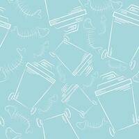 seamless pattern of icons of a small rectangular street trash can and a fishbone drawn in line art style on blue background, to fight against environmental pollution day vector