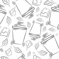 seamless pattern of icons of a small rectangular street dustbin and a tea bag drawn in line art style, to fight against environmental pollution day vector