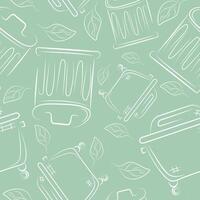seamless pattern of icons of various street garbage cans on a green background drawn in line art style, to fight against environmental pollution day vector