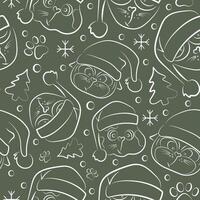 seamless christmas pattern with different cats in santa claus hats drawn in line art style on green background vector