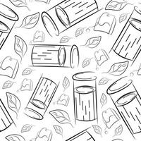 seamless pattern with small round street dustbin and tea bag and leaves in line art style, to fight against environmental pollution day vector
