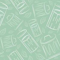 seamless pattern of two icons of round street trash cans drawn in line art style on green background, to fight against environmental pollution day vector