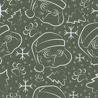 seamless christmas pattern with faces of chubby cat in santa claus hat in line art style on green background vector
