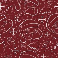 seamless christmas pattern with faces of chubby cat in santa claus hat in line art style on red background vector