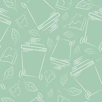 seamless pattern of icons of a small rectangular street trash can and a tea bag on a flooded background drawn in line art style, to fight against environmental pollution day vector