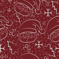 simple christmas seamless pattern with cats with big eyes and in santa claus hat with christmas elements on red background vector