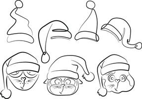 a large set of New Year's cats in Santa Claus hats and various hats drawn in line art style vector