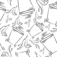 seamless pattern of icons of a small rectangular street trash can and banana skins drawn in line art style, to fight against environmental pollution day vector