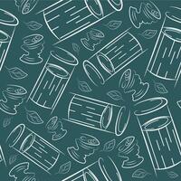 seamless pattern with small round street dustbin tin can in line art style on synth background, to fight against environmental pollution day vector
