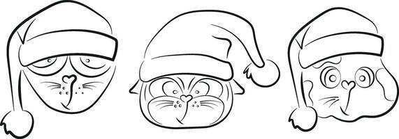 big Christmas set of various faces of cats in different Santa Claus hats drawn in line art style vector