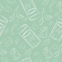 seamless pattern with a small round street dustbin and various garbage in line art style on a green background, to fight against environmental pollution day vector