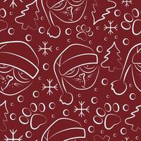 seamless pattern with simple icon of sad cat in santa hat in line art style on red background vector