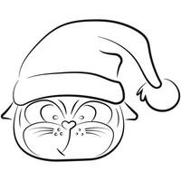 simple icon of a cat with big eyes in a Santa Claus hat drawn in line art style vector