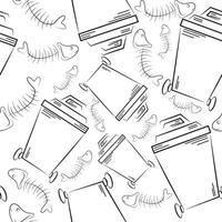 seamless pattern of icons of a small rectangular street trash can and a fishbone drawn in line art style, to fight against environmental pollution day vector