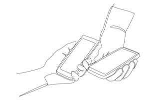 Continuous one line drawing of customer's hand holding mobile phone to scan for payment, scan QR code to pay concept, single line art. vector