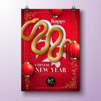 Happy Chinese New Year 2025 Poster with Snake Zodiac Sign and Paper Lantern on Red Scaly Pattern Background. Lunar New Year Traditional Design with Gold Chinese Language Snake Symbol for Flyer vector