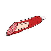 Sliced piece of salami in flat style. Tasty smoked meat product for grocery design. Isolated on a white background. vector