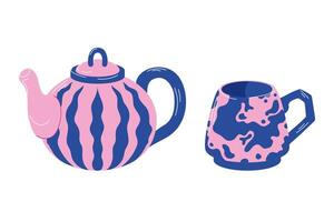 Stylish teapot and cup in pink and blue color with striped and abstract design in flat style. Perfect for kitchen decor, tea and coffee related content. vector