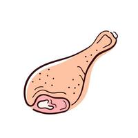 Raw chicken drumstick with detailed skin texture and a visible bone end in flat style. Perfect hand drawn design for food, shop, market, poultry or menu restaurant. Isolated on white background. vector