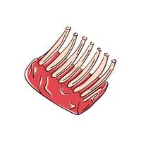 Raw rack of lamb meat with ribs, detailed in red and bone colors in flat style. Perfect for culinary, butcher shop or barbecue related design. vector