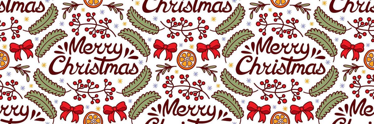 Merry Christmas seamless pattern. Fir branch, red ribbon, orange and berry doodle clip art. Festive winter background. For holidays, wrapping paper, packaging. Horizontal illustration.