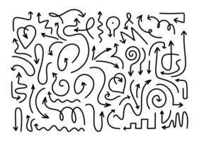 Arrows Big Set. Doodle Arrows in different directions. Doodle arrows in various style. Unusual pointers, ornate, spiral, sharp-angled and in form of hearts. Hand drawn black illustration. vector