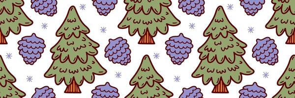 Christmas tree doodle pattern. Pine tree, cones and snowflakes hand drawn line art. Festive winter doodle background. Minimalistic horizontal illustration for holidays, wrapping paper. vector