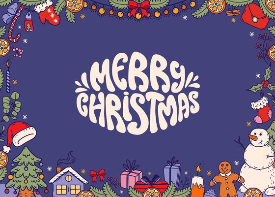 Merry Christmas celebration blue background. Horizontal frame with cozy Christmas doodle elements. Decorated fir tree, snowman, gingerbread cookies and garland. doodle illustration.