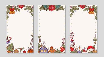 Christmas frame. For Social media long greeting post. Background with fir branches, gingerbread cookies, Christmas gifts and bells. Holidays vertical text templates set. doodle illustration. vector