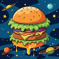 A hamburger is flying over the planet illustrations vector