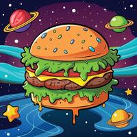 floating hamburger with ingredients in space illustrations vector