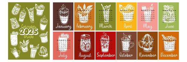 design of the calendar for 2025 with different drinks for different seasons with a cover. painted calendar planner in a minimalistic style, an annual organizer. Bright background with white silhouette vector