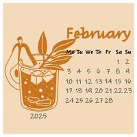February calendar design for 2025 with a glass of warm pear cocktail with ginger. The winter month. A painted calendar planner in a minimalistic style, an annual organizer. Numbers for every day vector