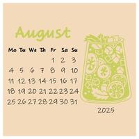 Design August calendar for 2025 with glass of cool lemonade with mint, cucumber and lemon. summer month. A painted calendar planner in a minimalistic style, an annual organizer. Numbers for every day vector