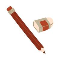 Colored red pencil and eraser included. Set. Flat illustration of pencil and laundry. An isolated school subject for learning. Two objects for drawing something vector