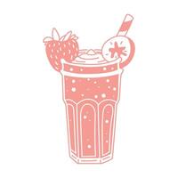 glass of pink strawberry-banana smoothie with a straw. A summer soft drink with pieces of fruits and berries in a flat style on a white. A glass glass with a refreshing drink. Isolated illustration vector