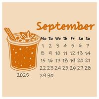 September calendar design for 2025 with a glass of orange pumpkin neck with spices cinnamon, star anise. autumn month. calendar planner in a minimalistic style, annual organizer. Numbers for every day vector
