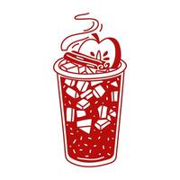 glass of hot apple punch with apple slices and a stick of cinnamon. Autumn transparent vitamin drink of red color in flat style. Non-alcoholic cocktail on a white background. Contrasting illustration vector